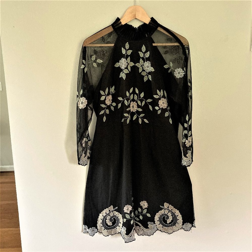 Topshop Black Mesh Floral Embroidered Dress
